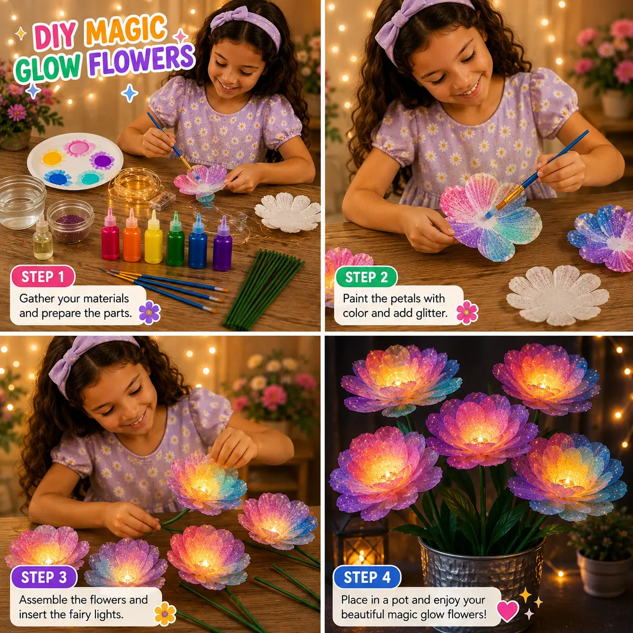 A young girl making colorful glowing paper flowers with fairy lights in a DIY craft activity for kids.