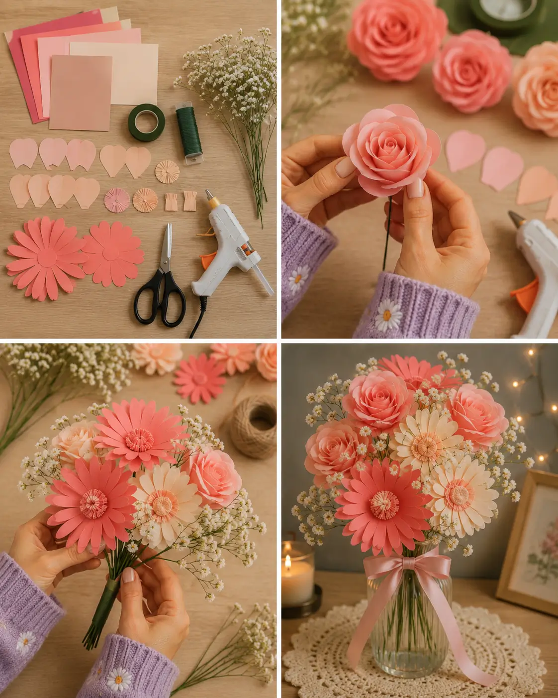 Step-by-step paper flower bouquet craft showing paper flower materials, handmade roses and daisies, bouquet assembly, and finished floral arrangement in a vase.