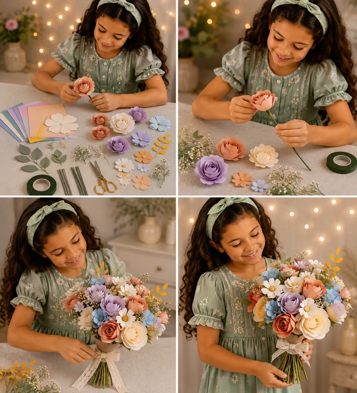 A young girl making a colorful paper flower bouquet using handmade paper roses, flowers, floral tape, and craft stems.