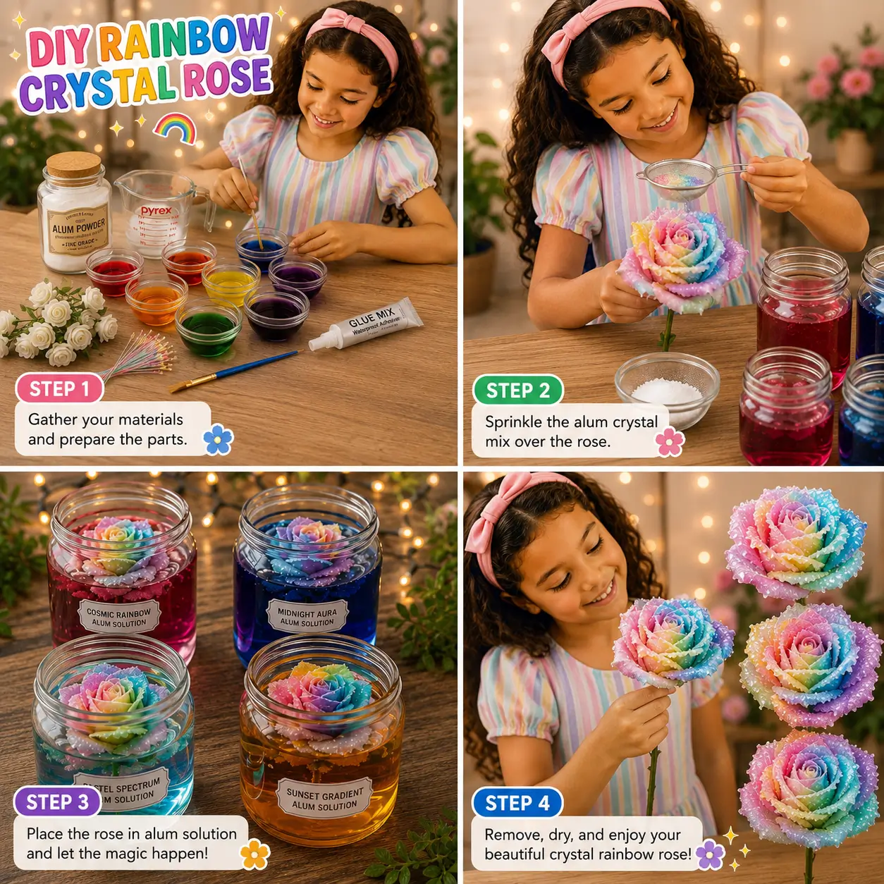 Child making a colorful rainbow crystal rose craft using alum crystals and food coloring in a step-by-step DIY activity.