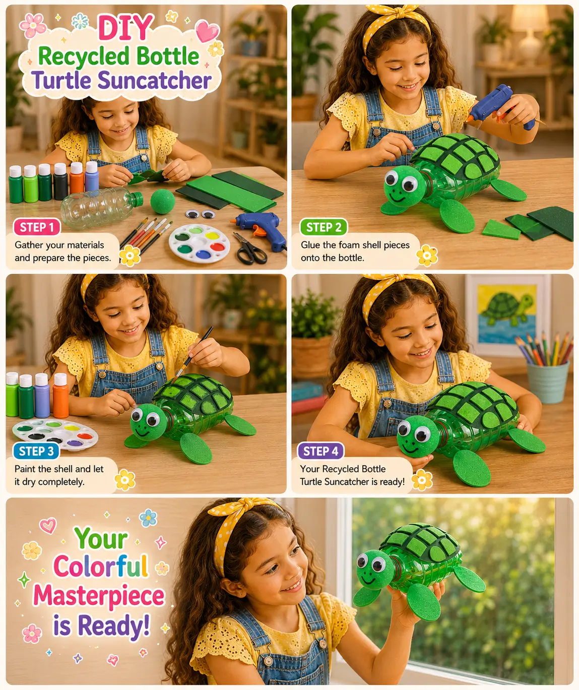Child creating a colorful turtle suncatcher using a recycled plastic bottle, foam sheets, paint, and craft supplies.