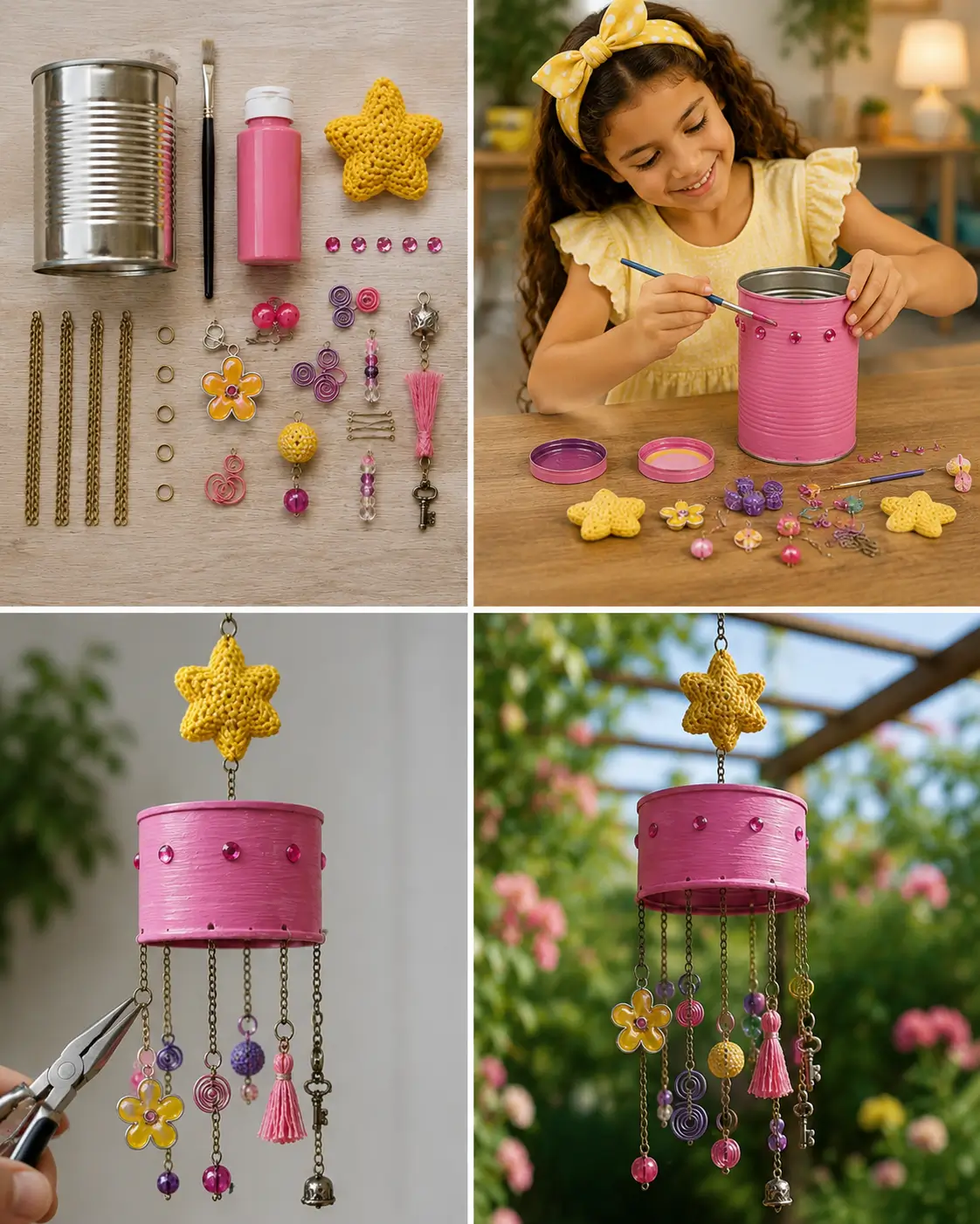 DIY wind chime made from a recycled tin can painted pink and decorated with beads, charms, chains, and tassels.