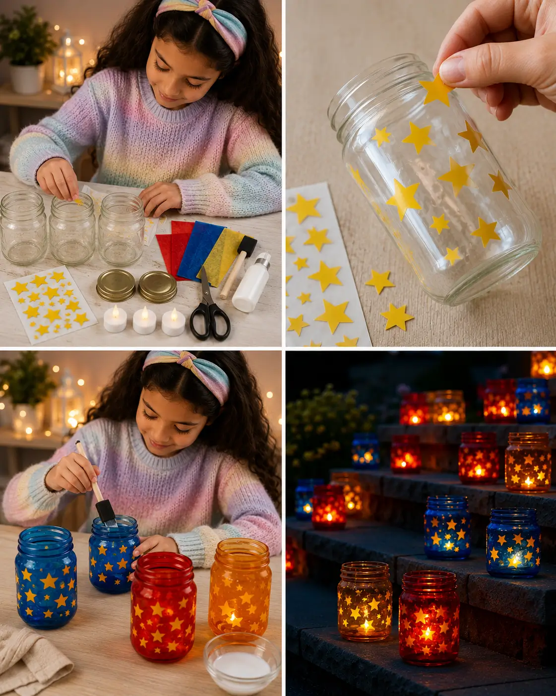 Child decorating colorful mason jar lanterns with star stickers and LED lights for a glowing night-time craft.