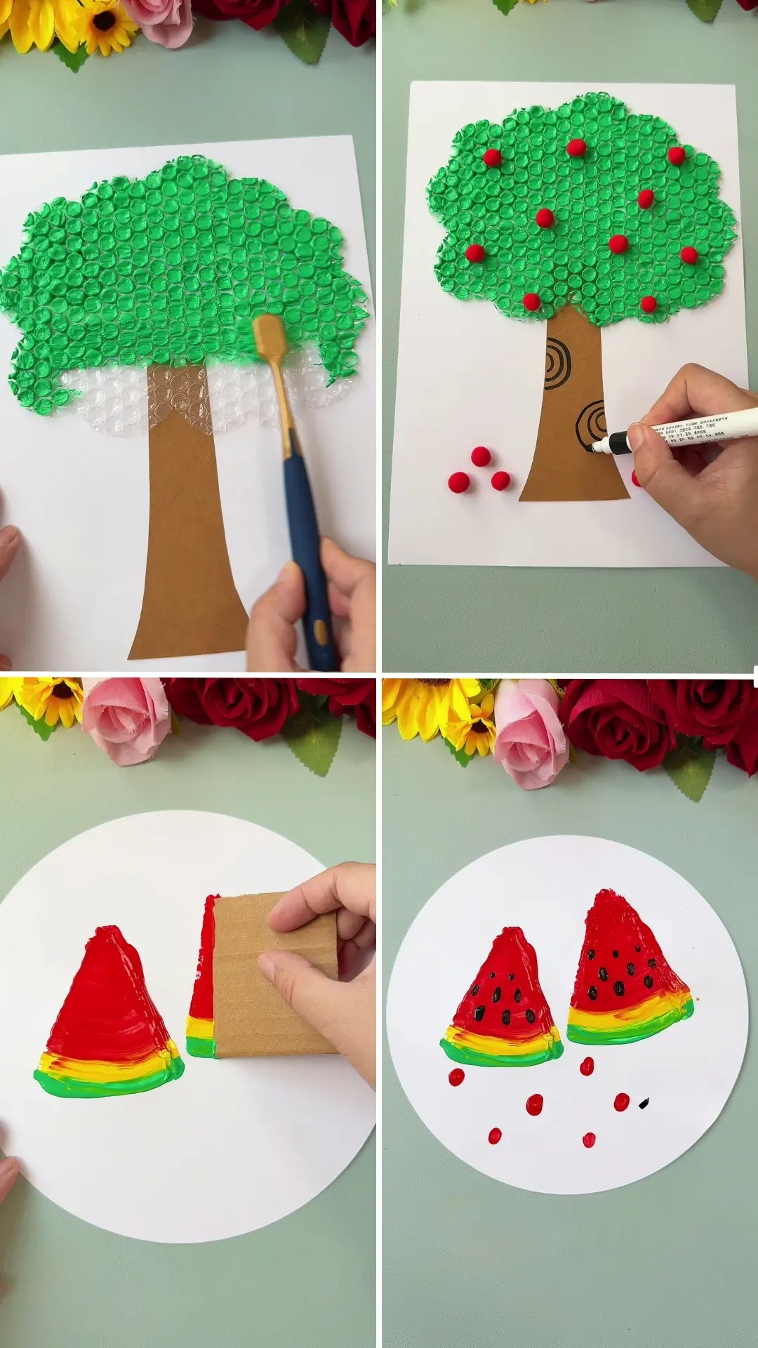 Bubble wrap tree and colorful watermelon painting craft