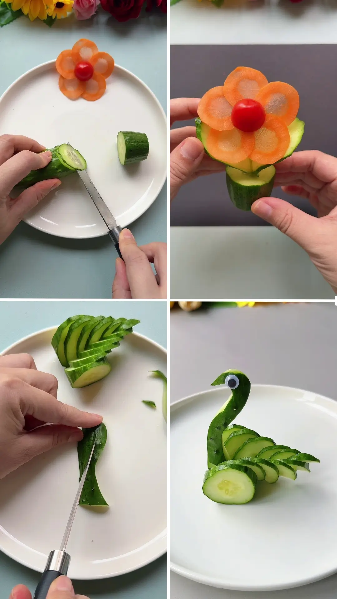 Carrot flower and cucumber swan food art
