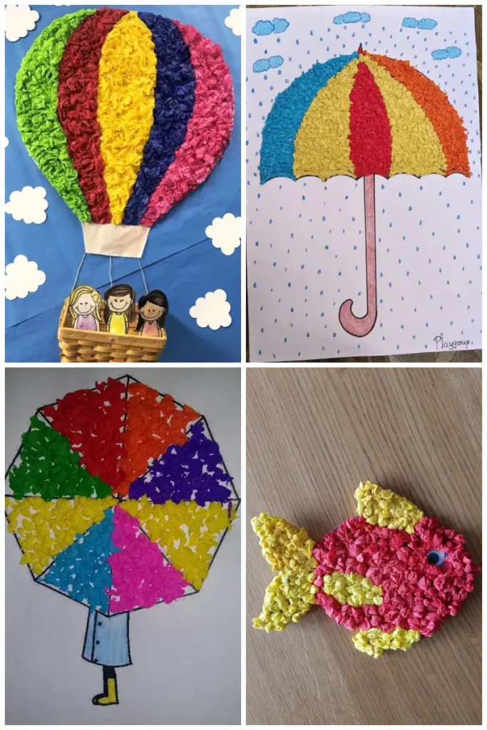 Crumpled paper crafts are simple and creative art projects for kids - umbrella, parachute and fish