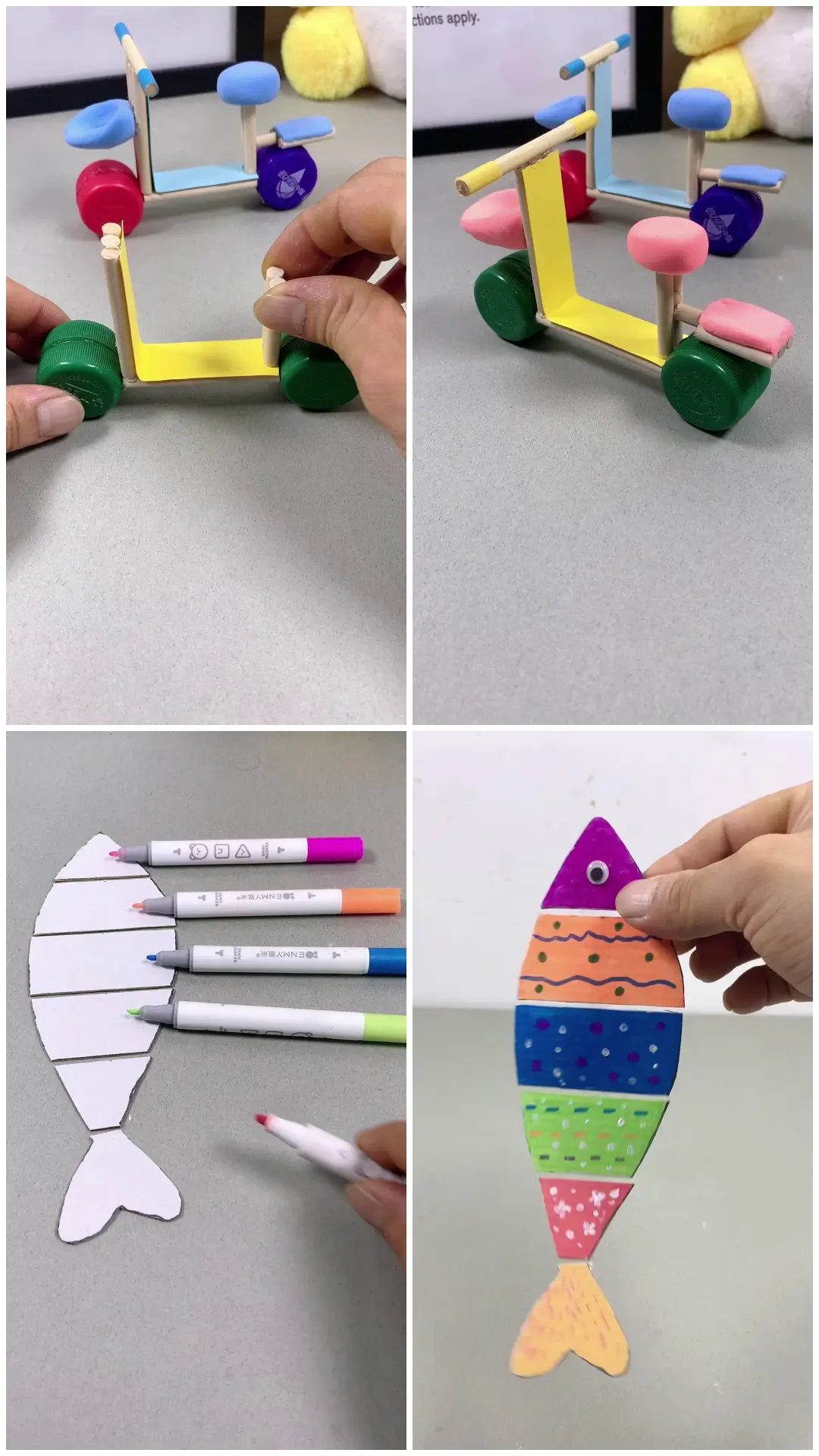 Homemade scooter and colorful fish crafts