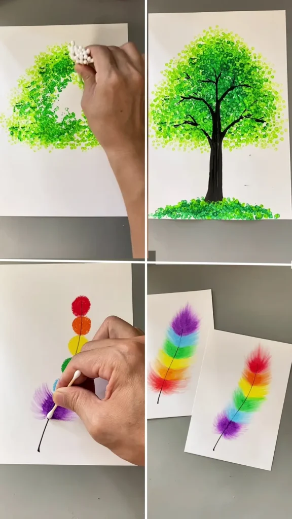 Easy dot painting tree and colorful rainbow feather crafts made with cotton swabs