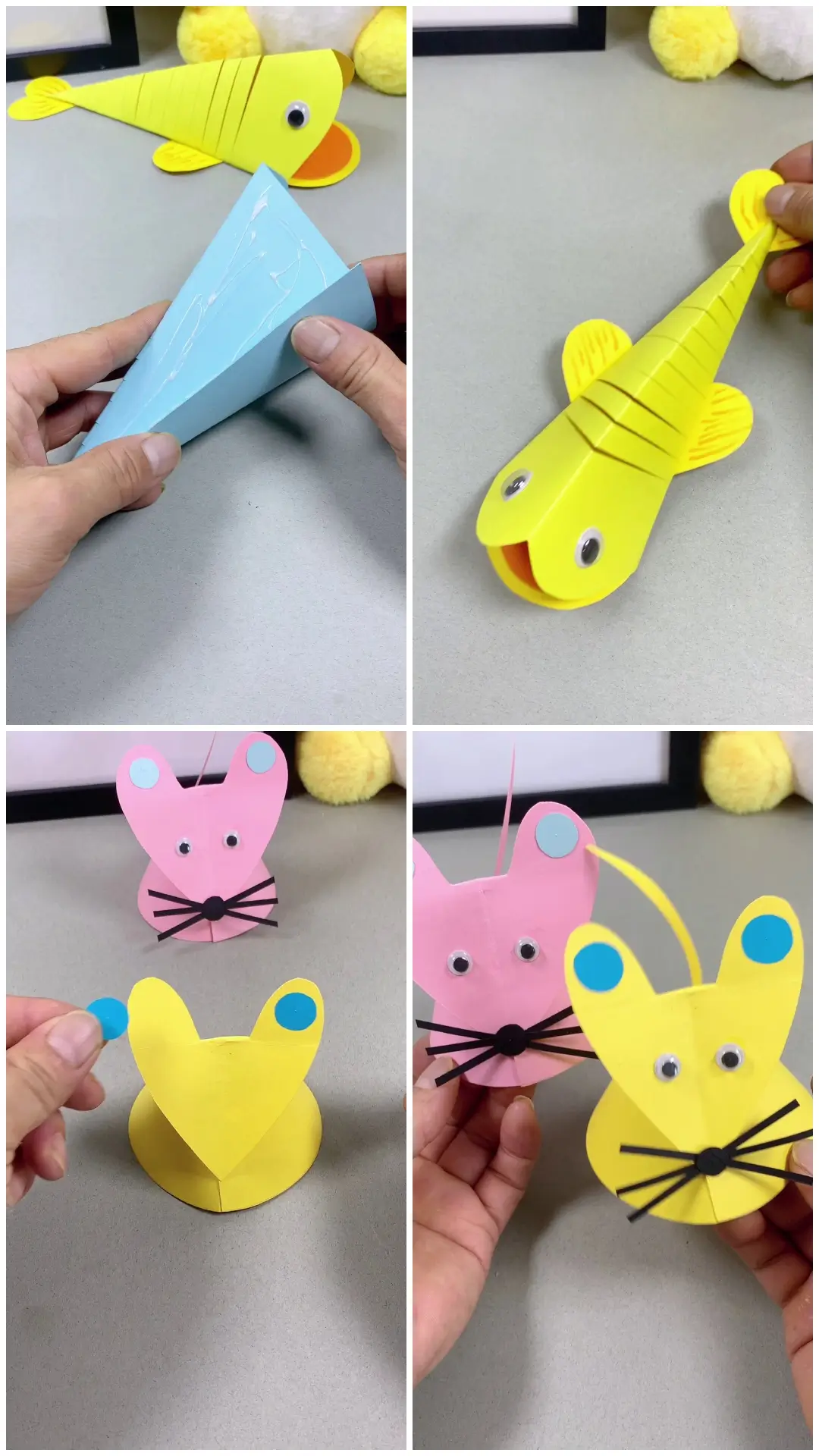 Yellow fish and paper cat crafts
