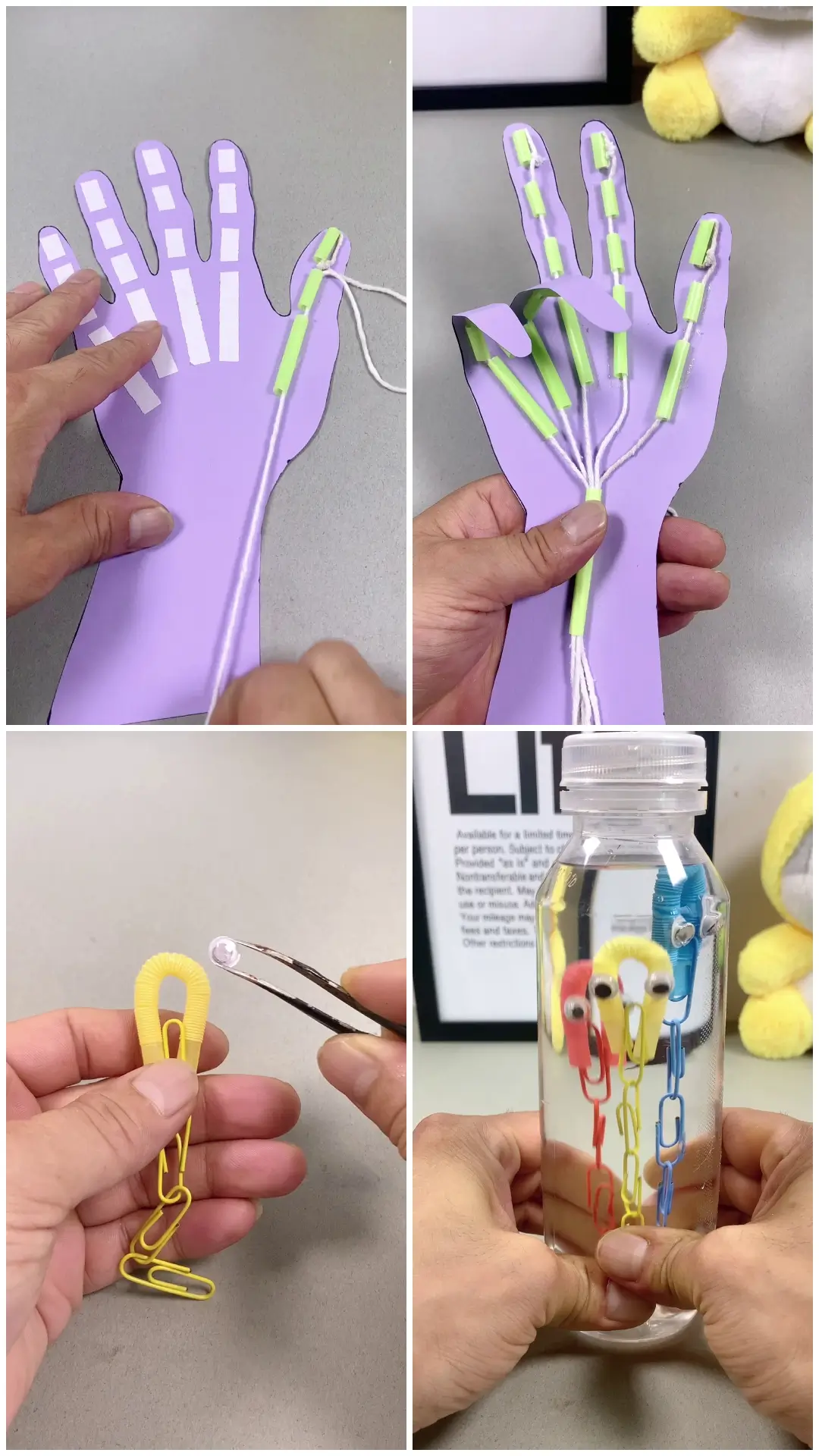 DIY handprint puppet with colorful straws and a paperclip bottle craft