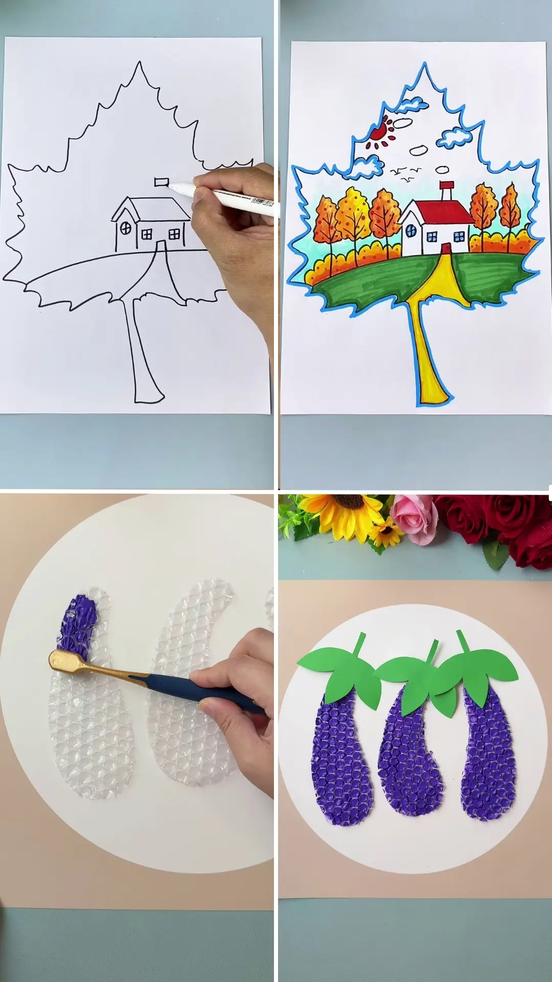 Leaf-shaped house drawing and bubble wrap grape papinting hacks