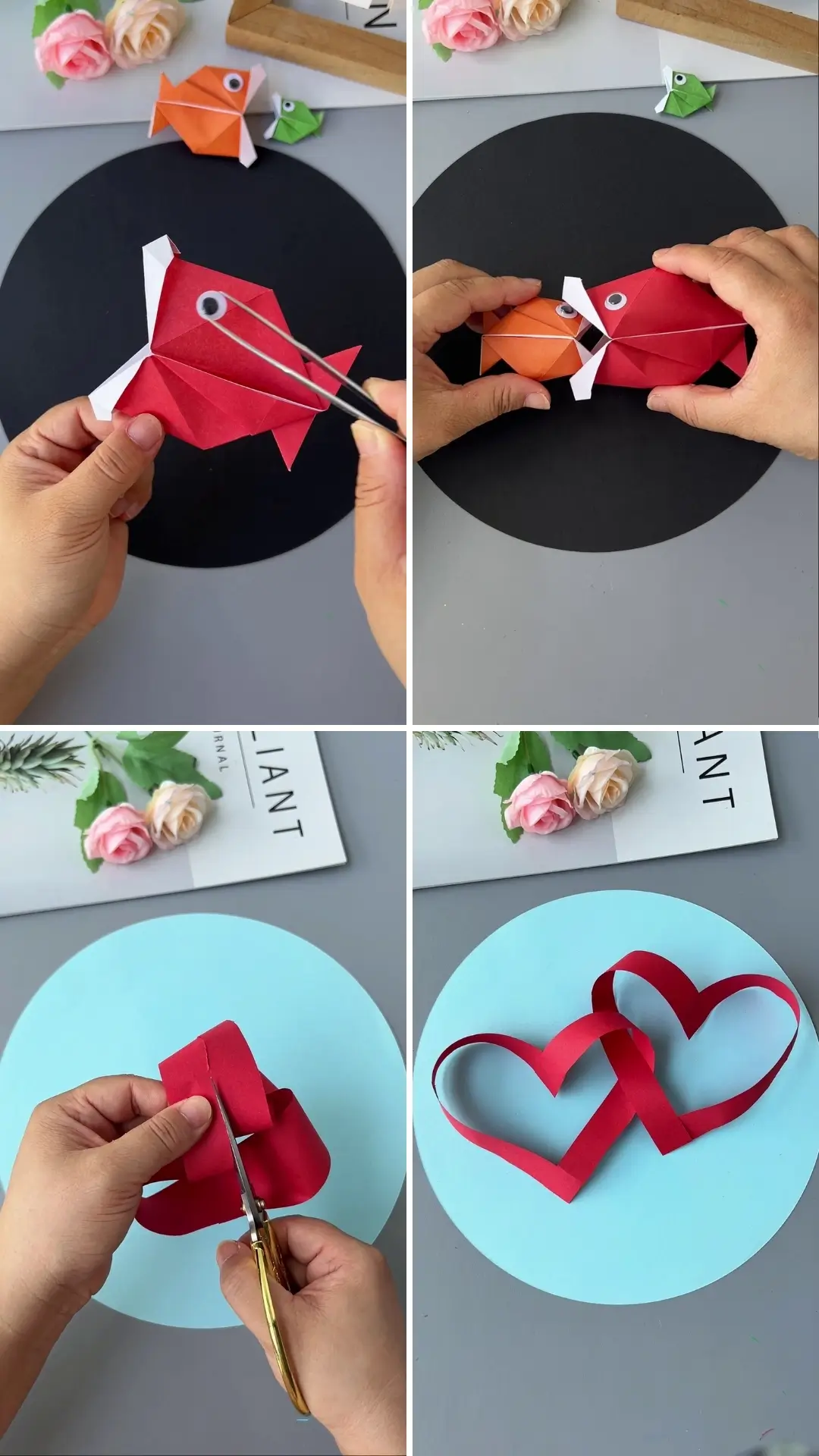 Step-by-step origami fish and paper heart craft made with colorful paper.