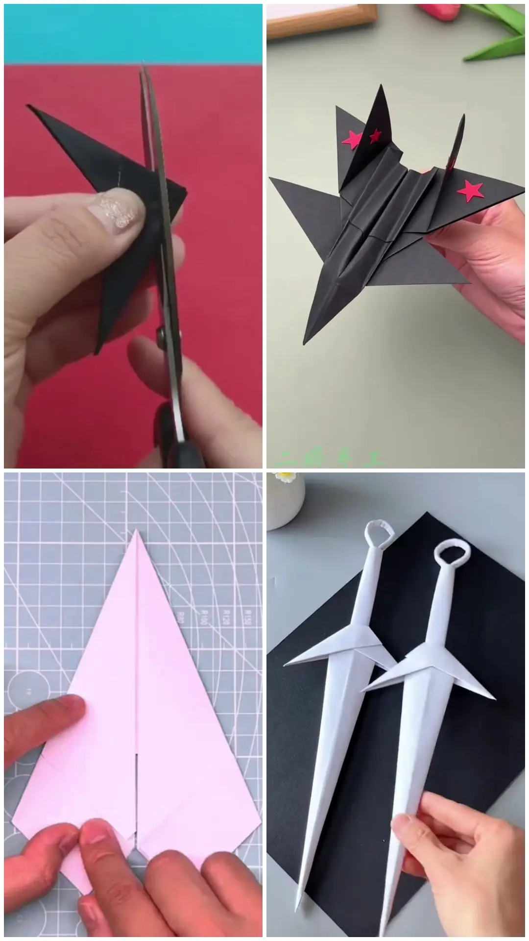 Black origami aircraft and handmade paper swords