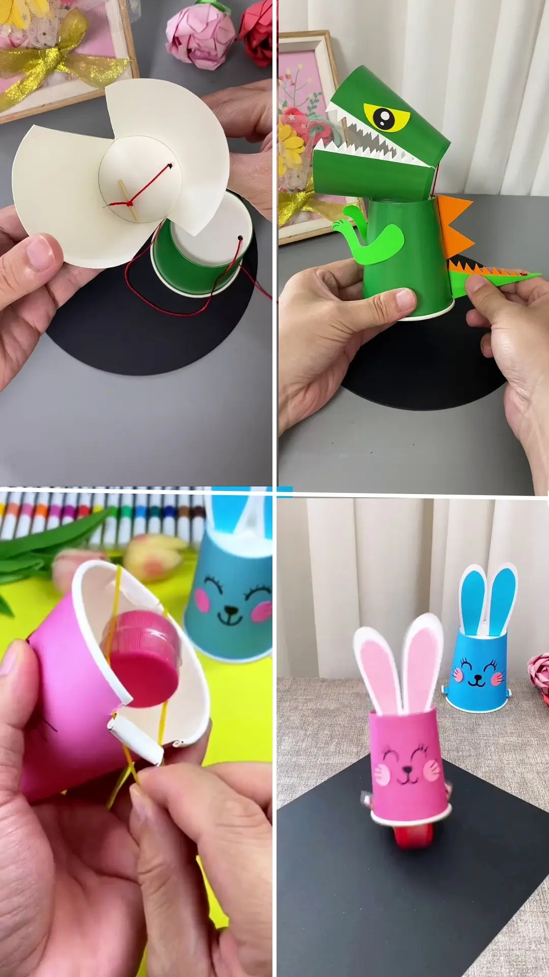 Colorful paper cup crocodile and bunny crafts for kids