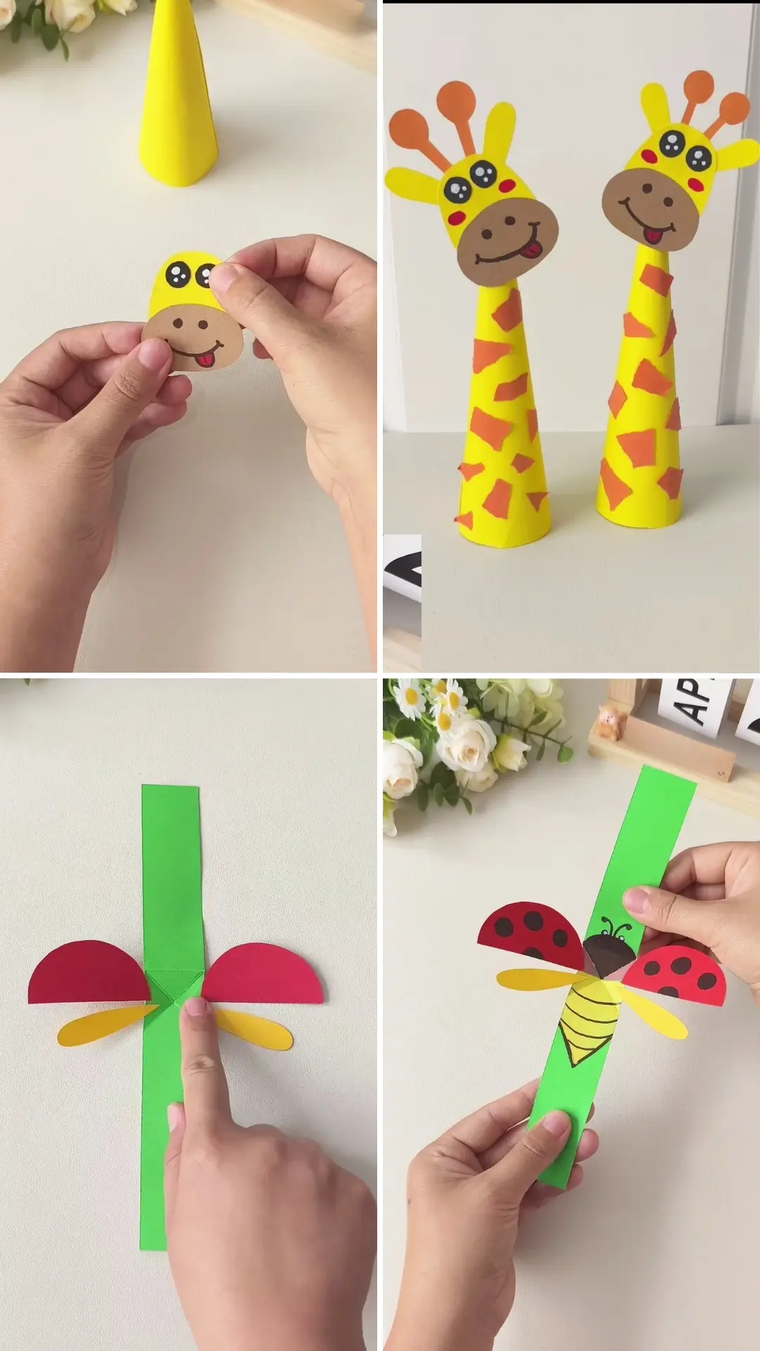 Paper craft collage featuring a cone-shaped giraffe and a colorful ladybug butterfly made from paper.