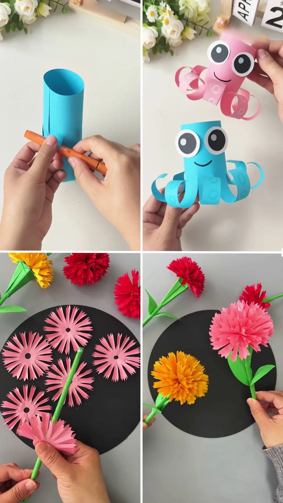 Colorful paper octopus and handmade flower crafts