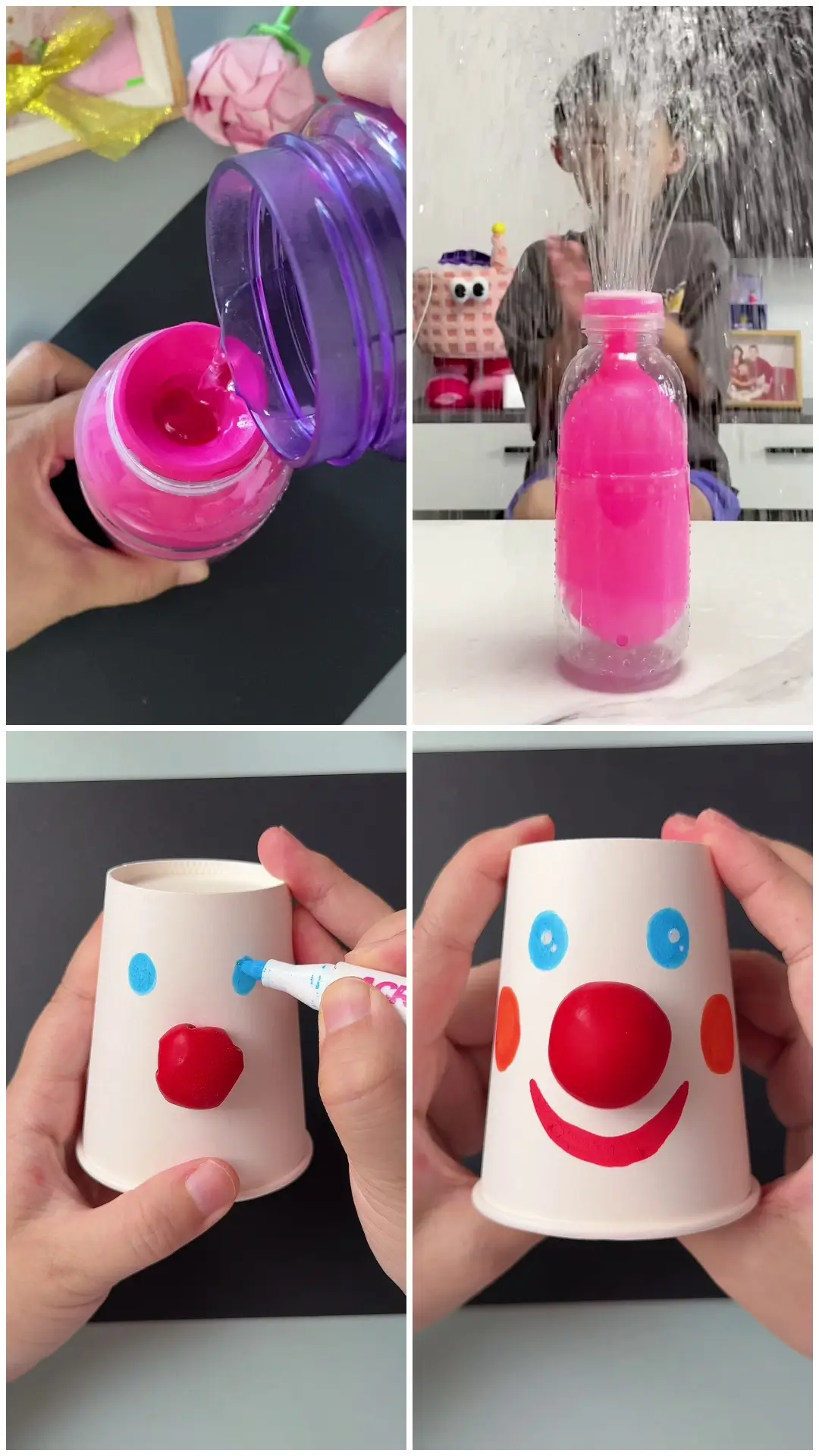 Pink sensory bottle and paper cup clown craft
