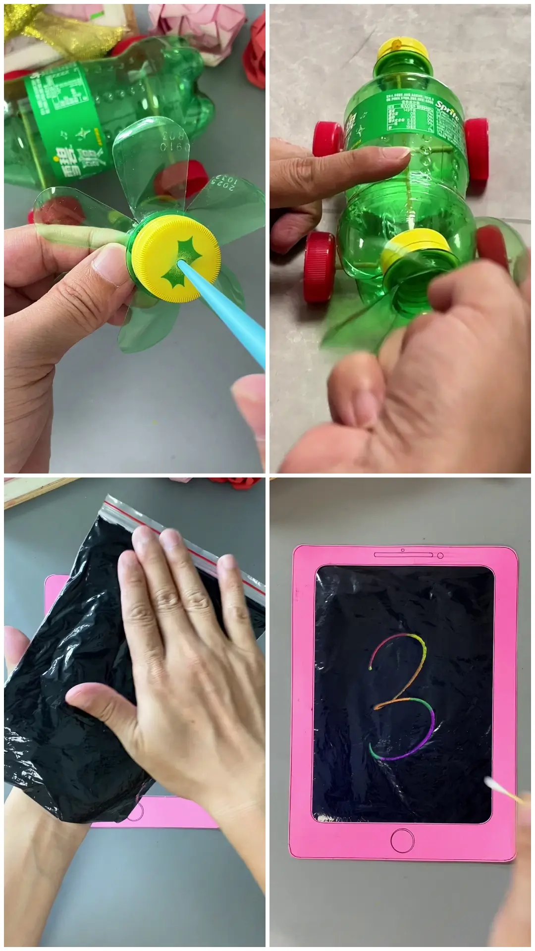 Recycled bottle car and scratch art craft for Kids