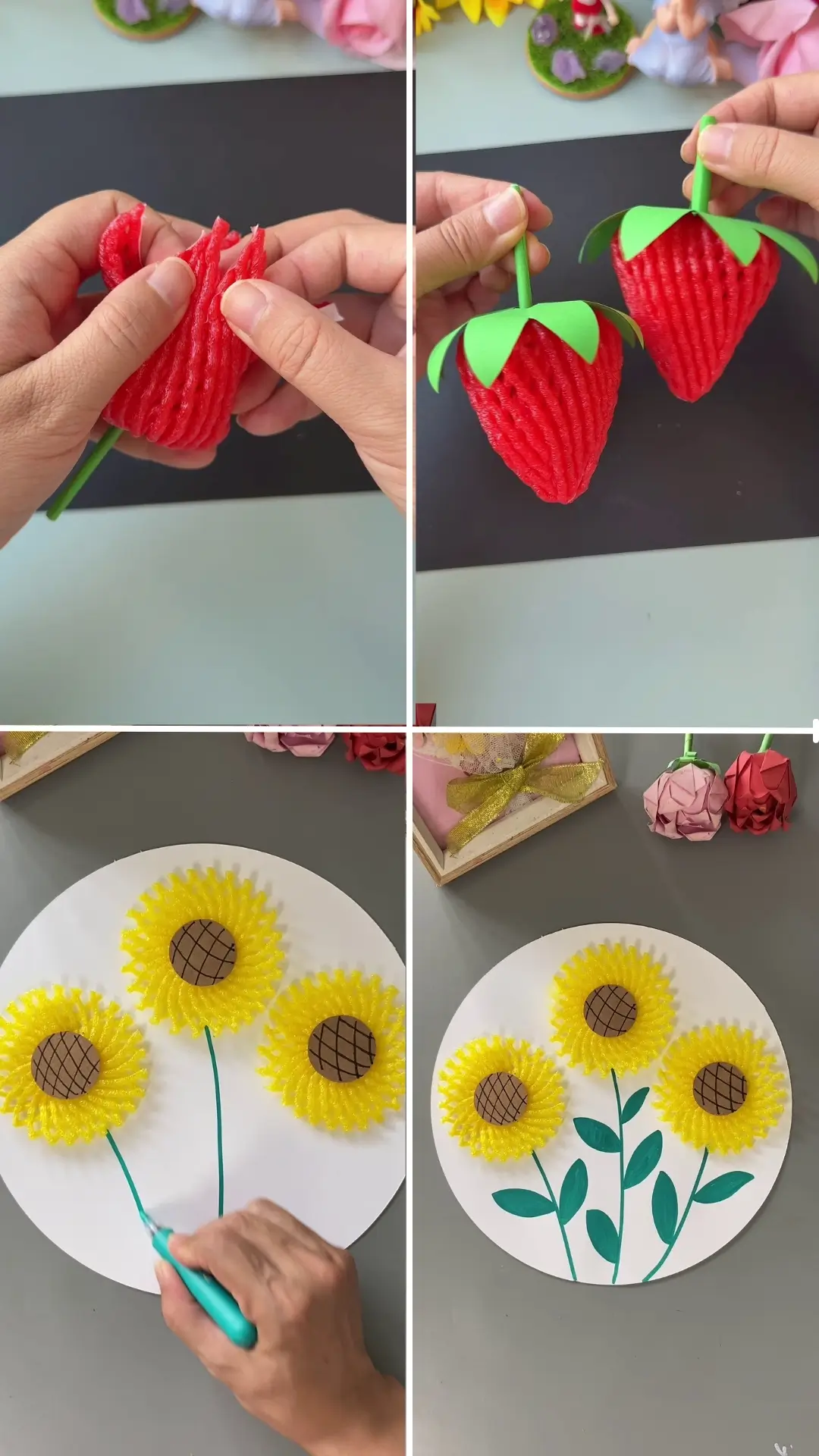 Handmade strawberry and sunflower crafts using simple materials