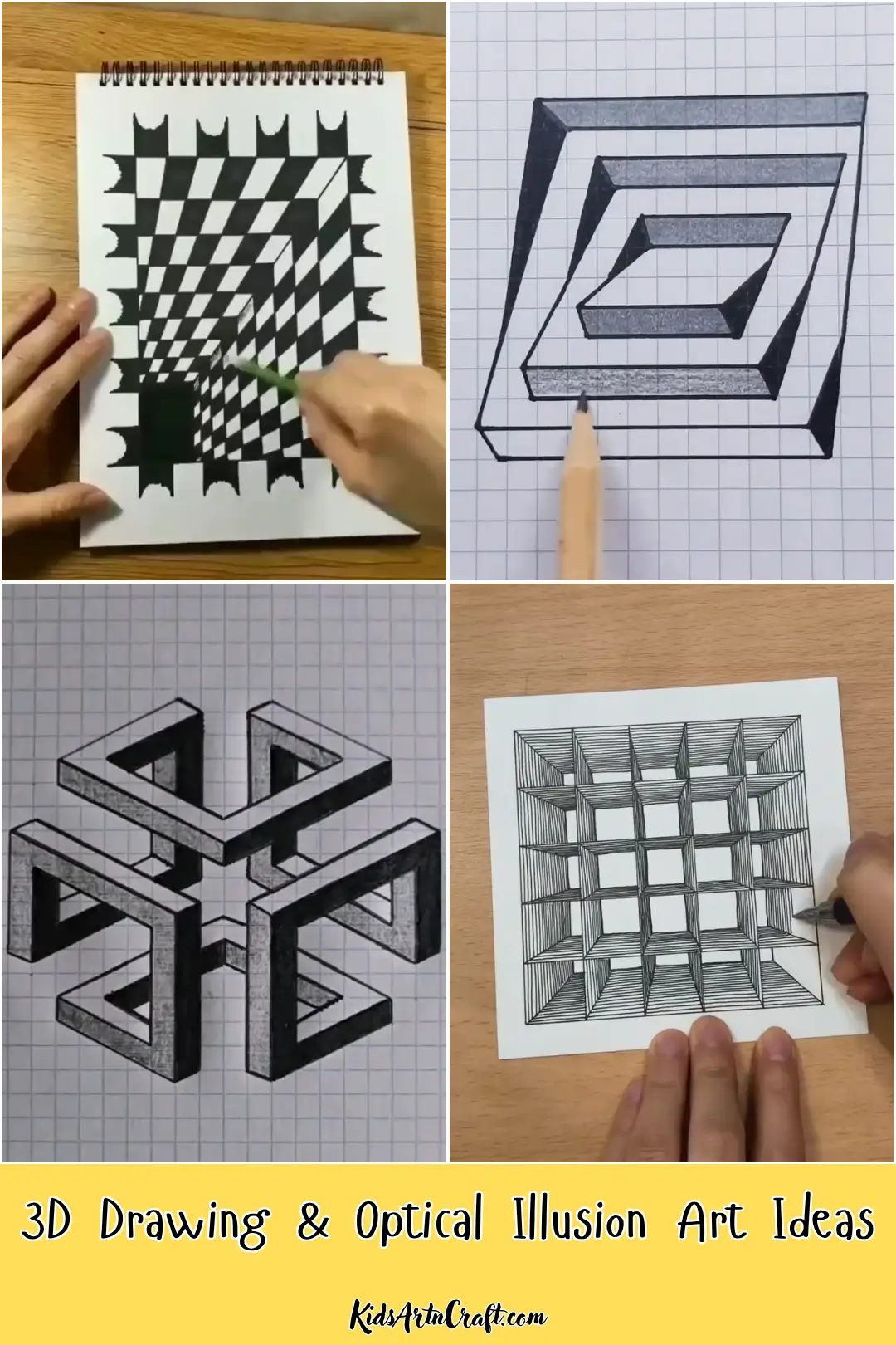 3D drawing and optical illusion art ideas featuring checkerboard patterns, geometric shapes, impossible figures, and cube illusions.