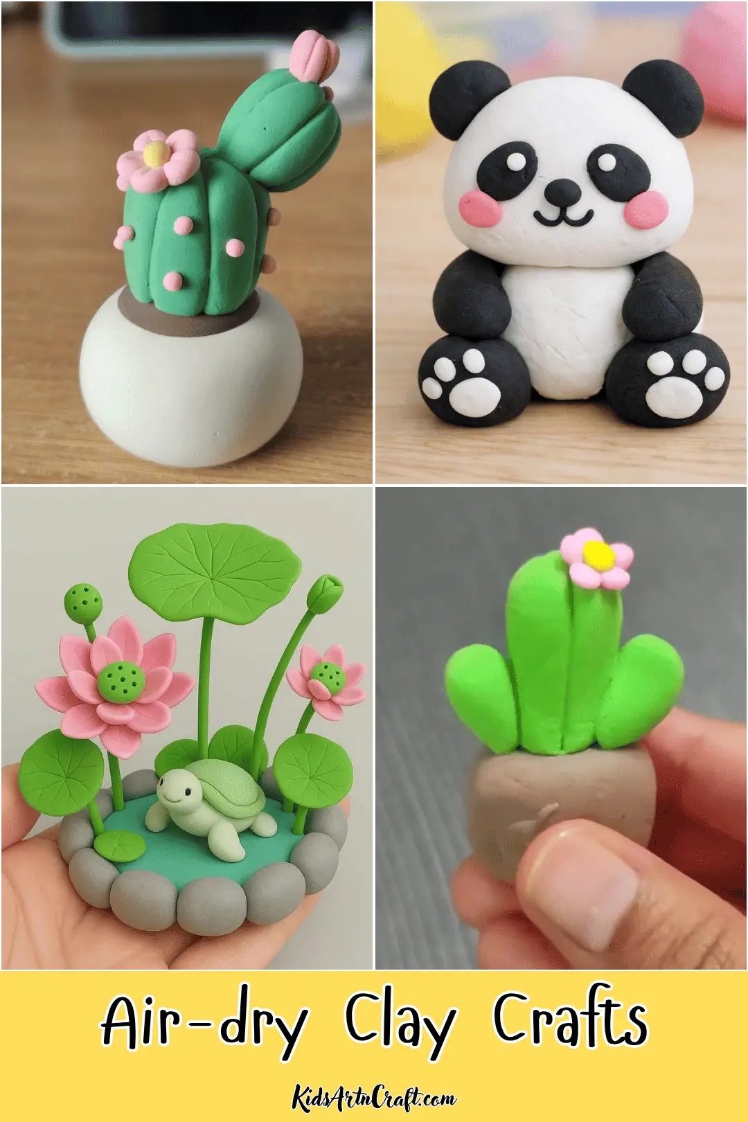 Air-dry clay craft ideas featuring a flower cactus, cute panda, lotus pond with a turtle, and a small flowering cactus.