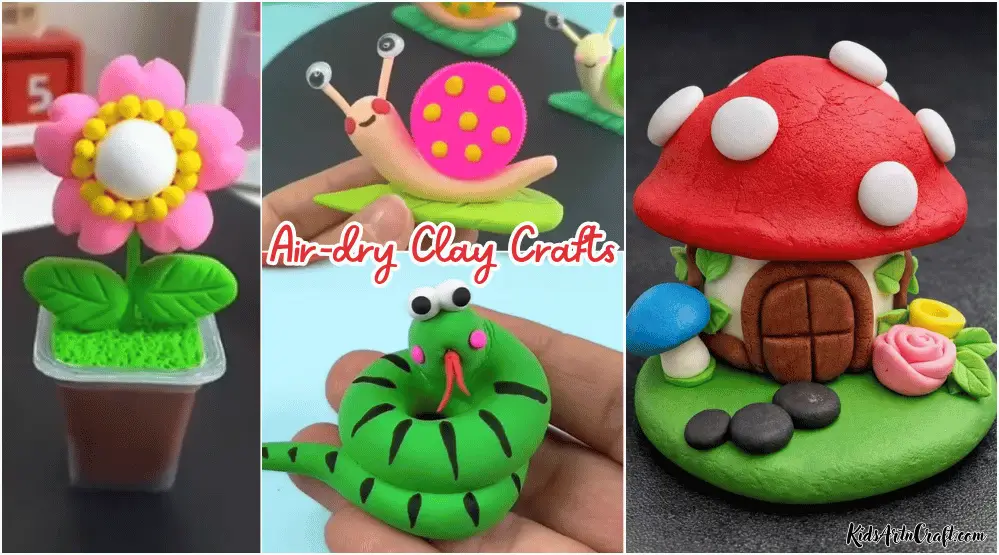 Colorful air-dry clay crafts featuring a flower in a pot, a cute snail, a green snake, and a mushroom-shaped fairy house.