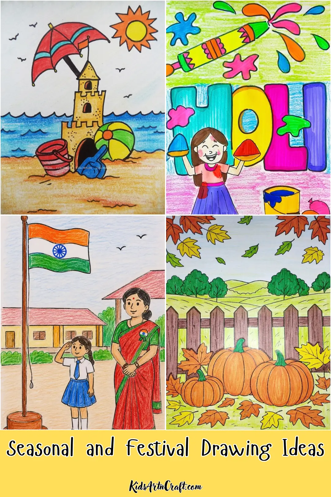 Seasonal and festival drawing ideas featuring a beach sandcastle, Holi celebration, Indian Independence Day, and autumn pumpkins.