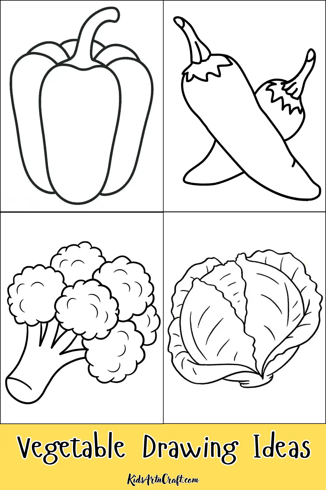 Vegetable drawing ideas featuring a bell pepper, eggplants, broccoli, and cabbage in simple black-and-white outlines.