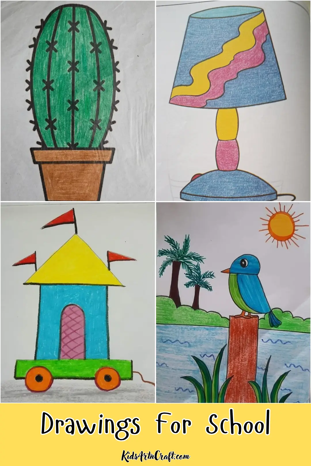 Easy drawing ideas for school featuring a cactus, colorful table lamp, castle on wheels, and a bird by a pond.
