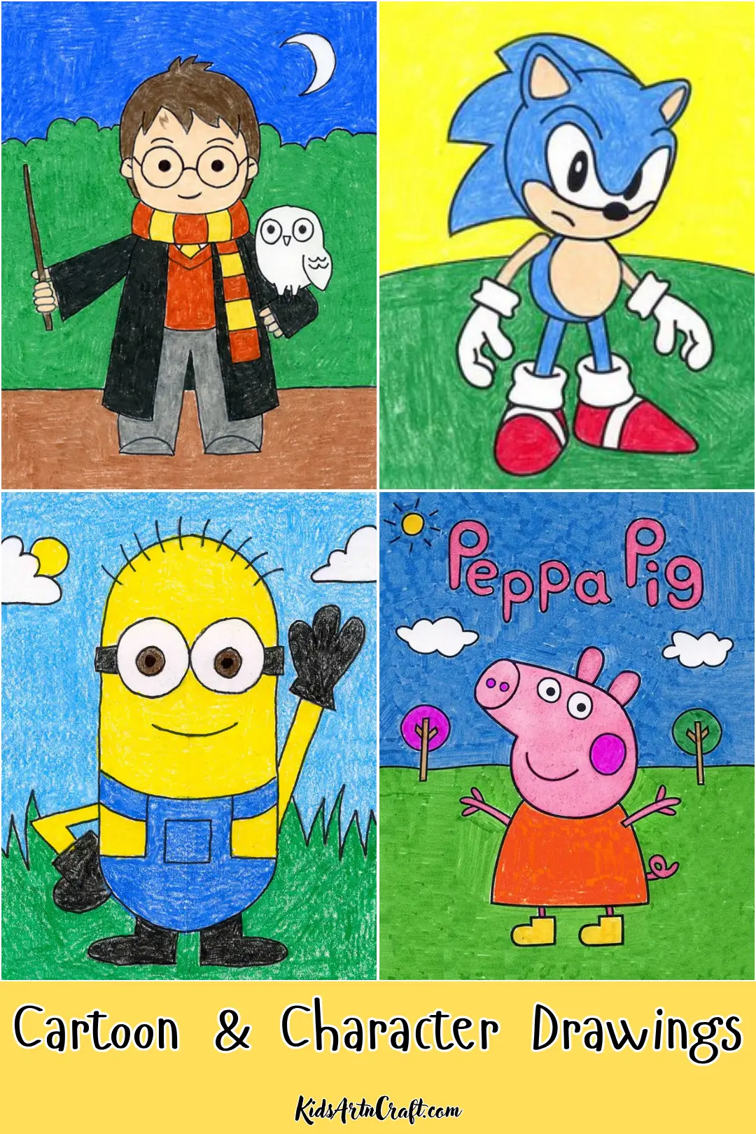 Cartoon and character drawing ideas featuring Harry Potter, Sonic the Hedgehog, a Minion, and Peppa Pig.