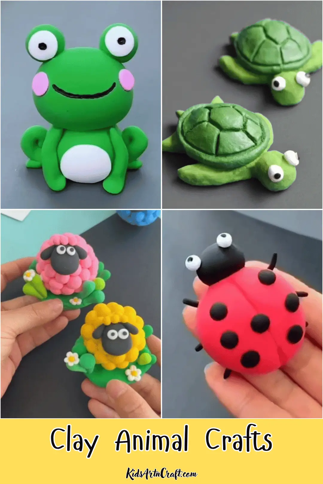 Colorful clay animal crafts featuring a cute frog, two turtles, flower-decorated sheep, and a spotted ladybug.