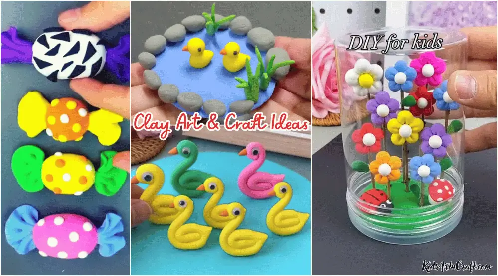 Colorful clay art and craft ideas featuring candy shapes, a duck pond with clay ducks and plants, flamingo figures, and a handmade flower garden.