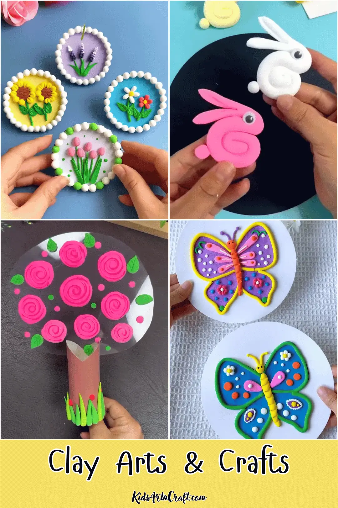 Colorful clay art and craft ideas featuring floral clay frames, cute rabbit figures, a rose tree craft, and decorative butterfly designs.