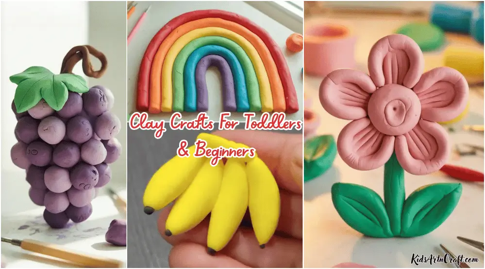 Clay crafts for toddlers and beginners featuring a grape bunch, colorful rainbow, banana bunch, and pink flower made from modeling clay.
