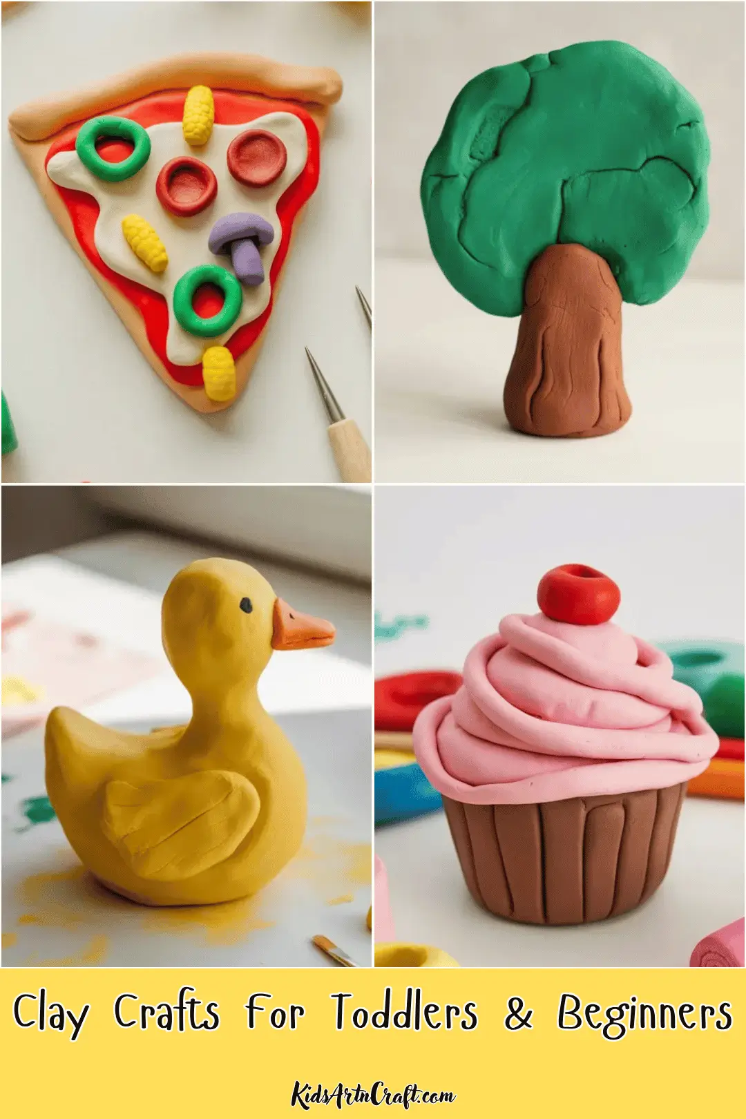 Colorful clay crafts for toddlers and beginners featuring a pizza slice, tree, duck, and cupcake.