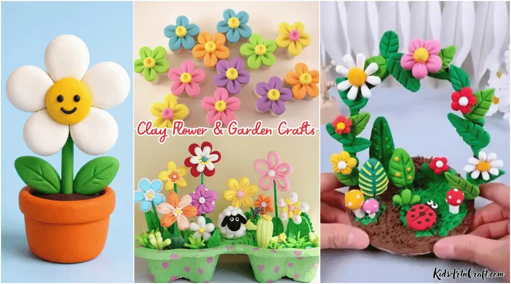 Colorful clay flower and garden crafts featuring potted daisies, handmade flowers, green leaves, mushrooms, and a miniature garden scene.