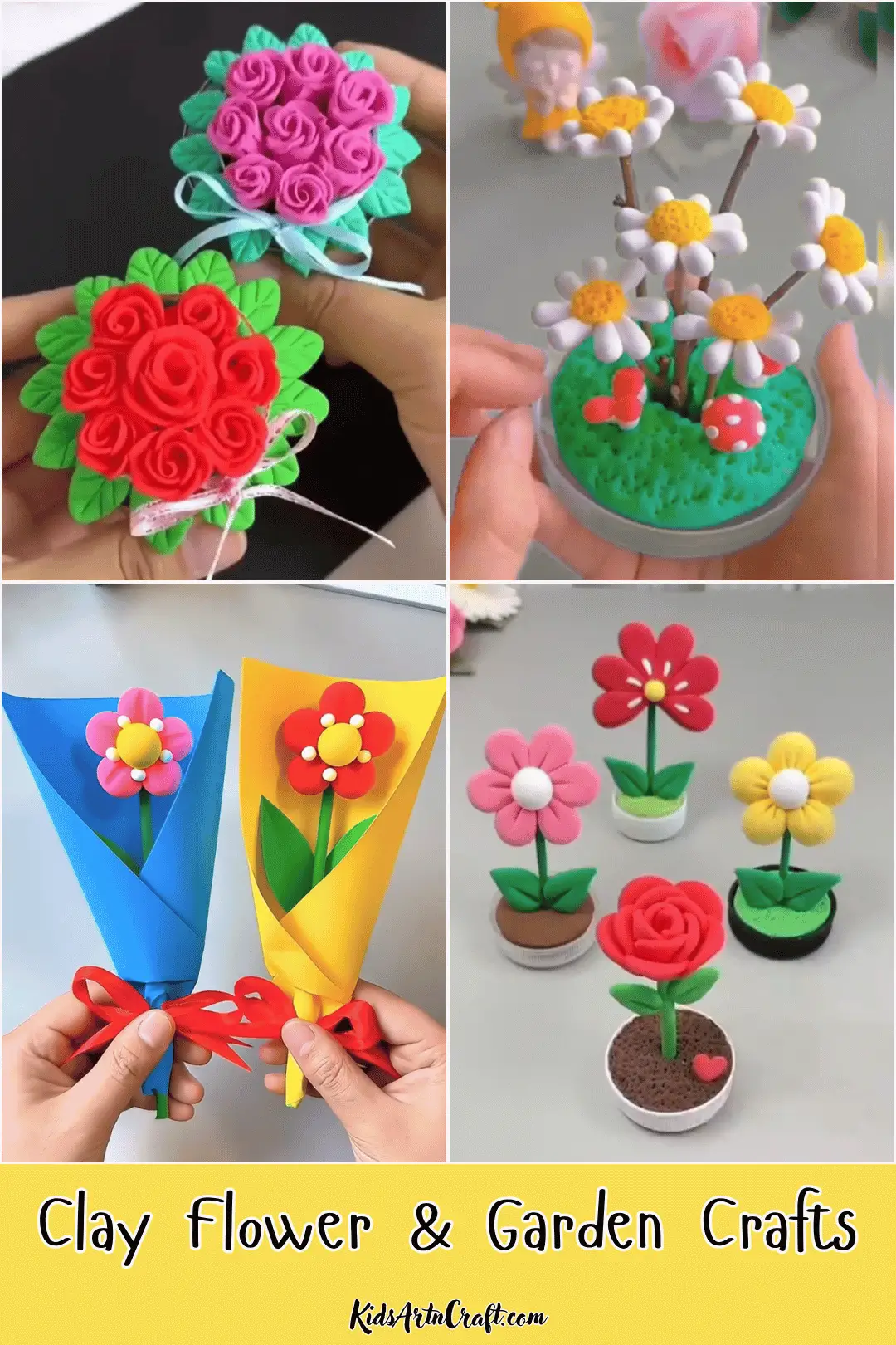 Clay flower and garden crafts featuring colorful handmade roses, daisies, and potted flowers.