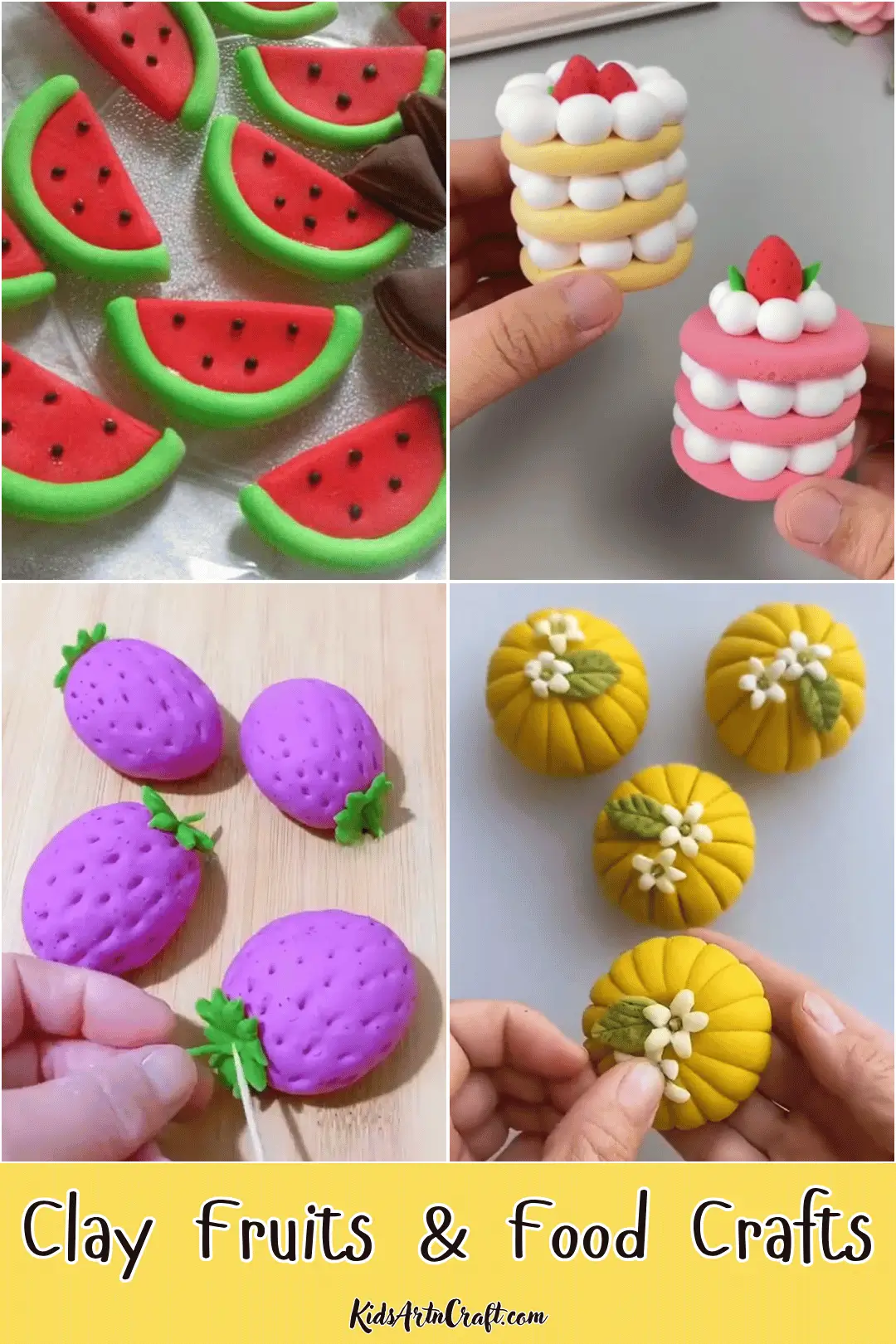 Colorful clay fruit and food crafts featuring watermelon slices, strawberry-topped cakes, purple strawberries, and yellow pumpkin-shaped treats.