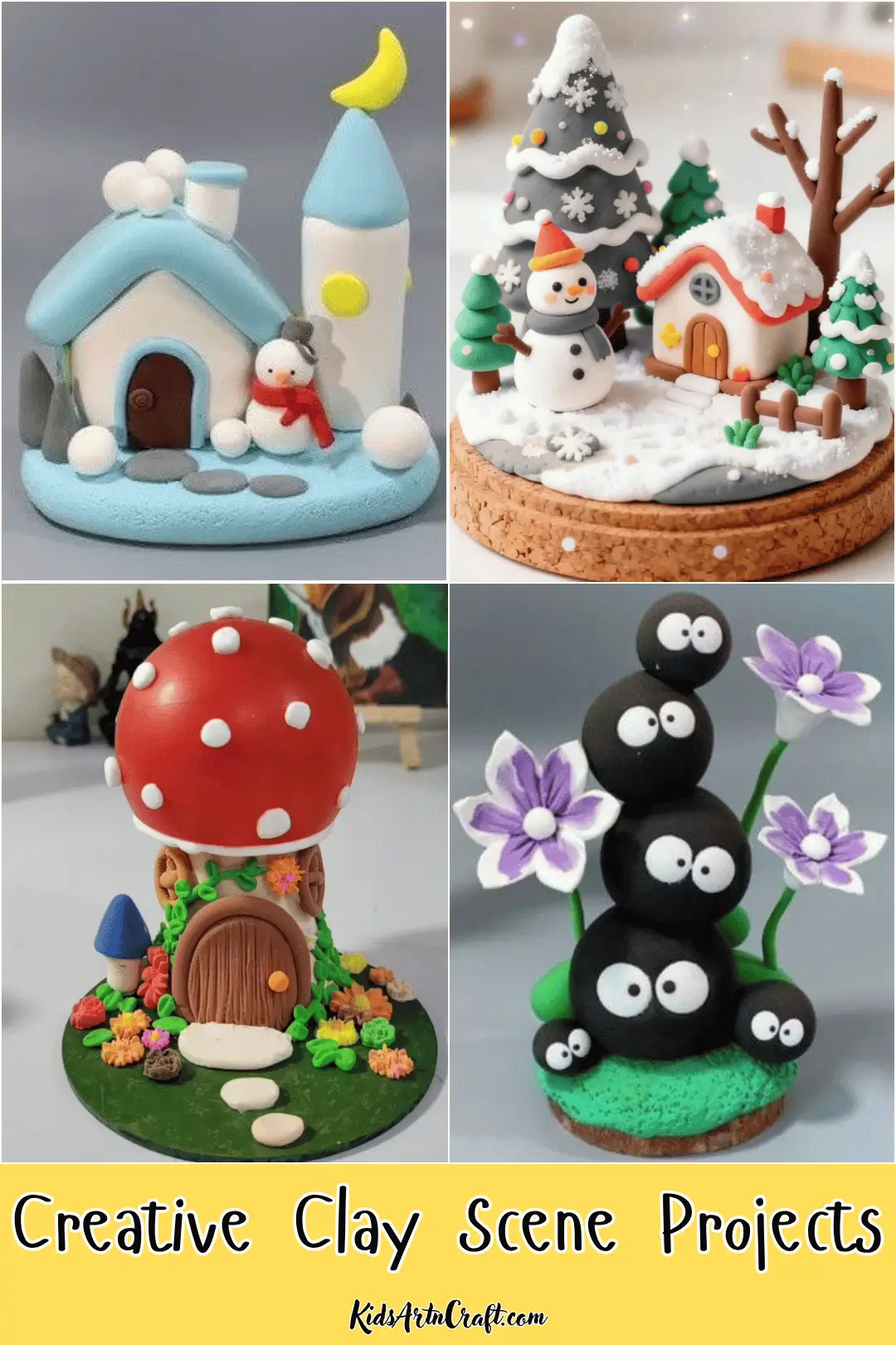 Creative clay scene projects featuring a snowy house with a snowman, a winter Christmas village, a colorful mushroom house, and a black clay character garden with purple flowers.