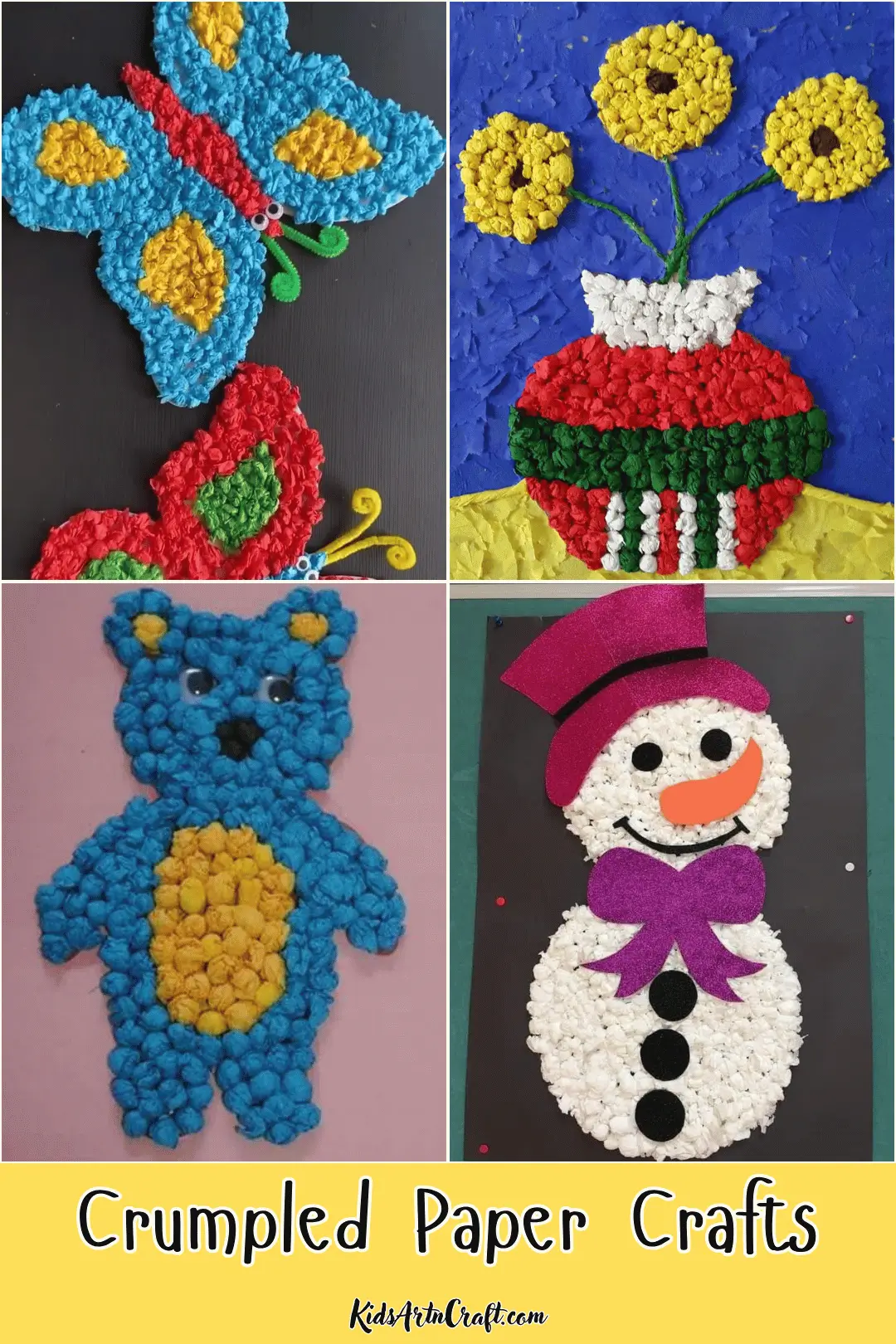 Colorful crumpled paper crafts featuring a butterfly, flower pot, teddy bear, and snowman made from textured paper.