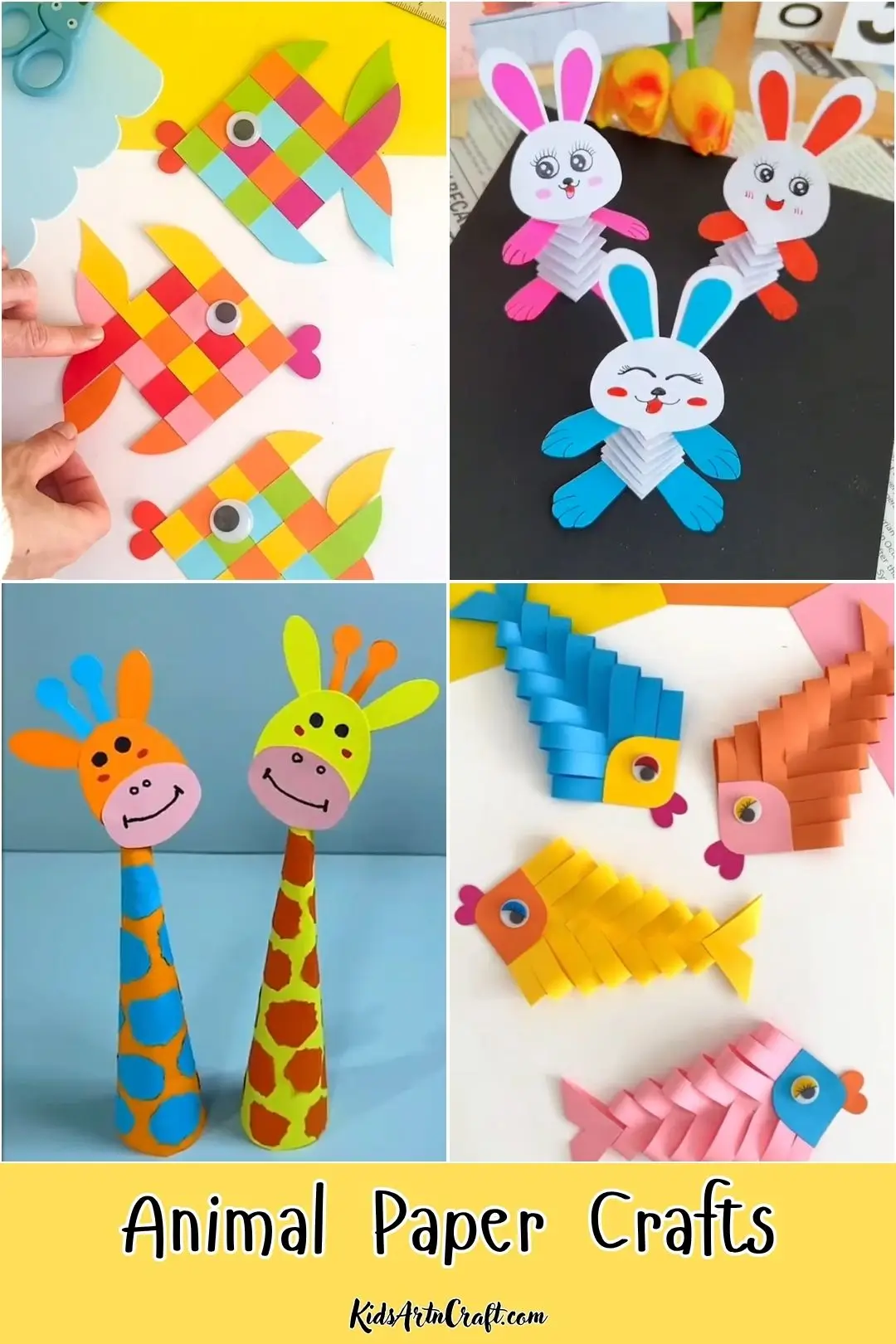 Colorful animal paper crafts featuring patterned fish, springy paper rabbits, giraffe puppets, and accordion-folded fish.