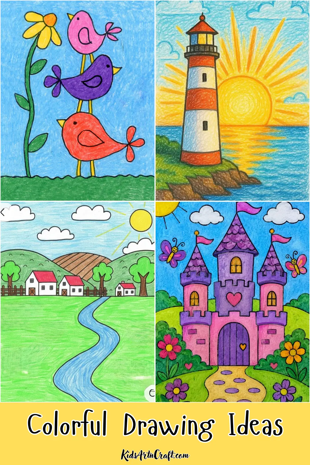 Colorful drawing ideas featuring three birds, a lighthouse by the sea, a peaceful village landscape, and a magical castle.