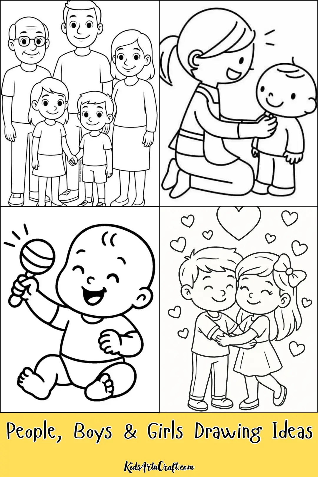 People, boys, and girls drawing ideas featuring a family, children helping each other, a happy baby, and two kids hugging.