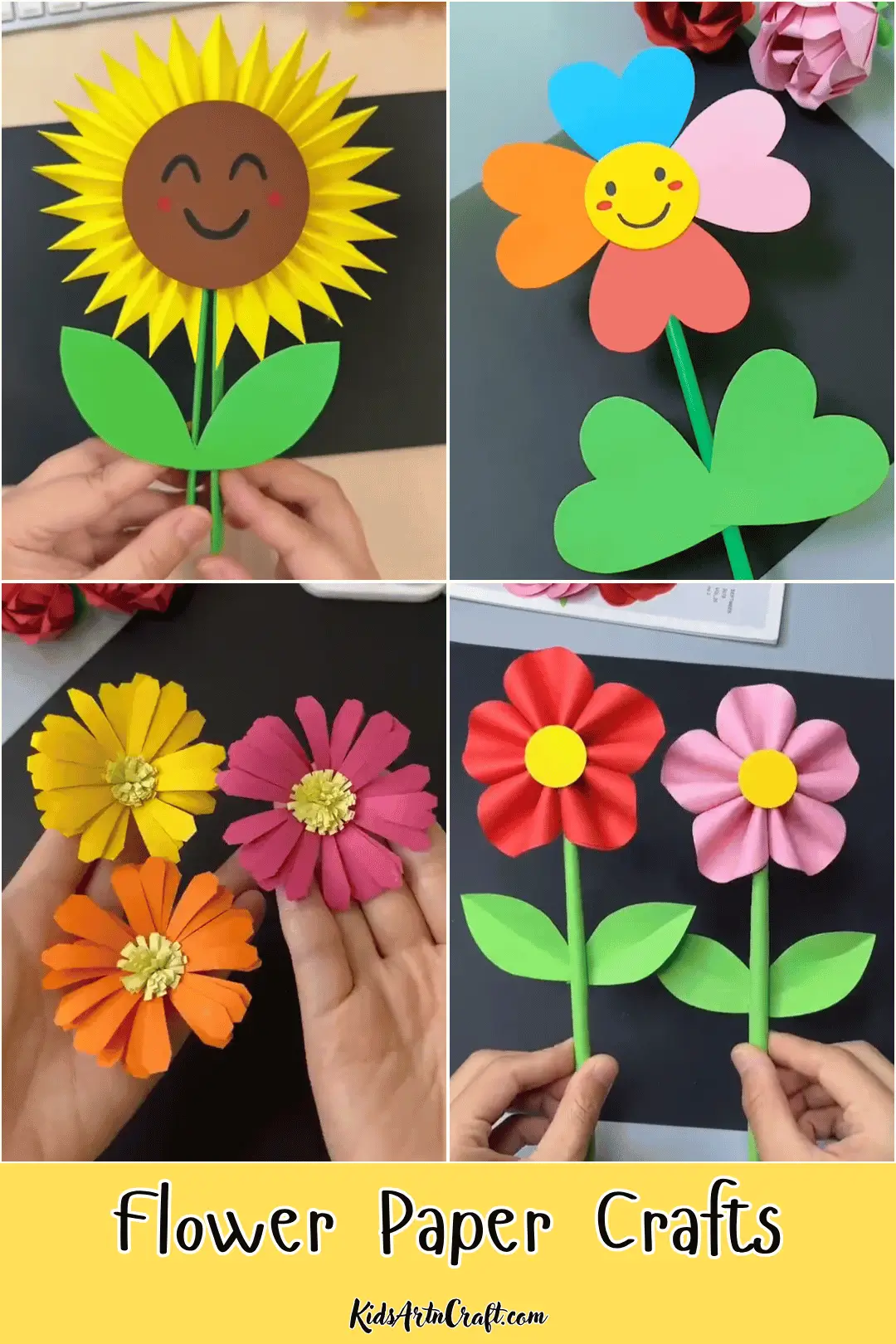 Colorful flower paper craft ideas featuring a sunflower, a heart-petal flower, fringed paper flowers, and red and pink flowers with green stems and leaves.