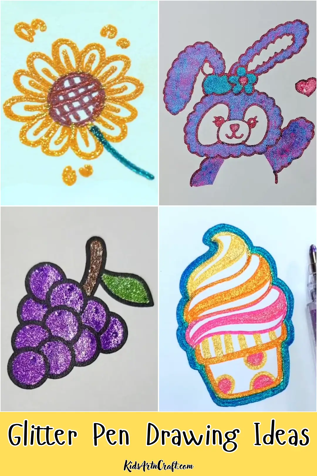 Glitter pen drawing ideas featuring a flower, cute bunny, bunch of grapes, and colorful ice cream cone.