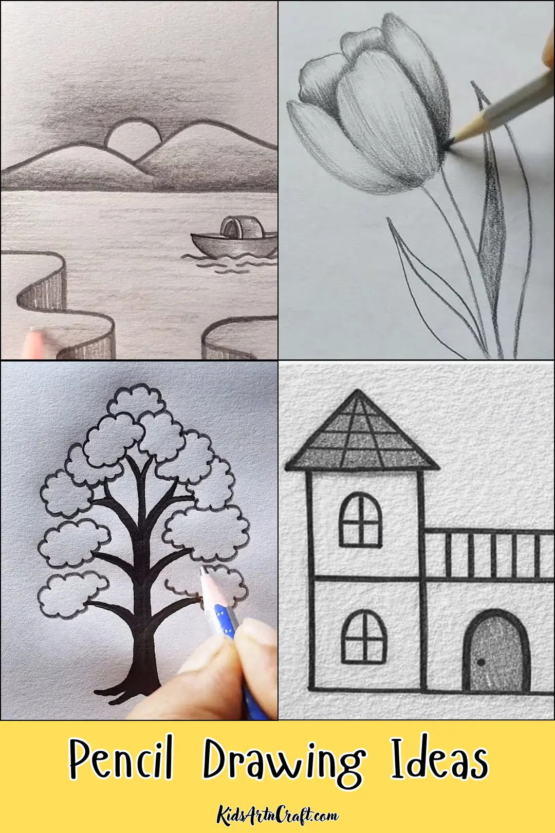 Pencil drawing ideas featuring a peaceful lake landscape, lotus flower, tree, and simple house with a balcony.