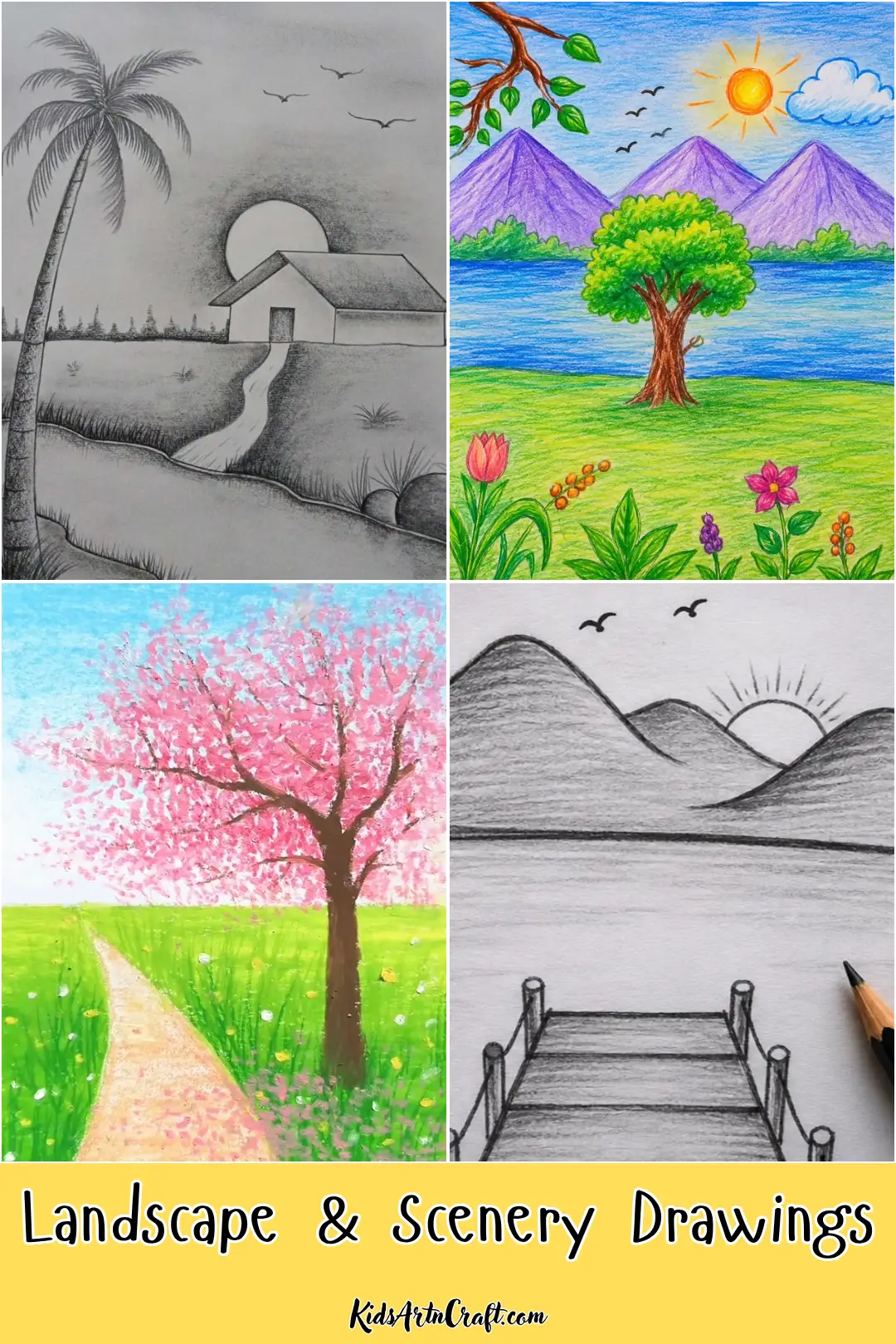 Landscape and scenery drawing ideas featuring a tropical house, mountain lake, cherry blossom tree, and peaceful dock scene.
