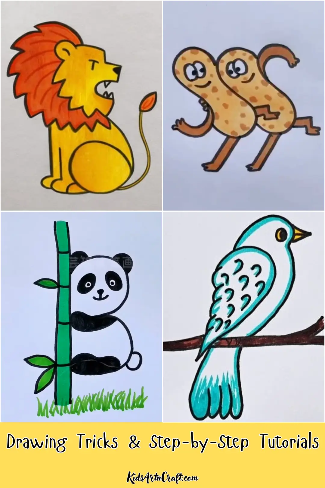 Drawing tricks and step-by-step tutorials featuring a cute lion, running bean characters, a panda, and a colorful bird.