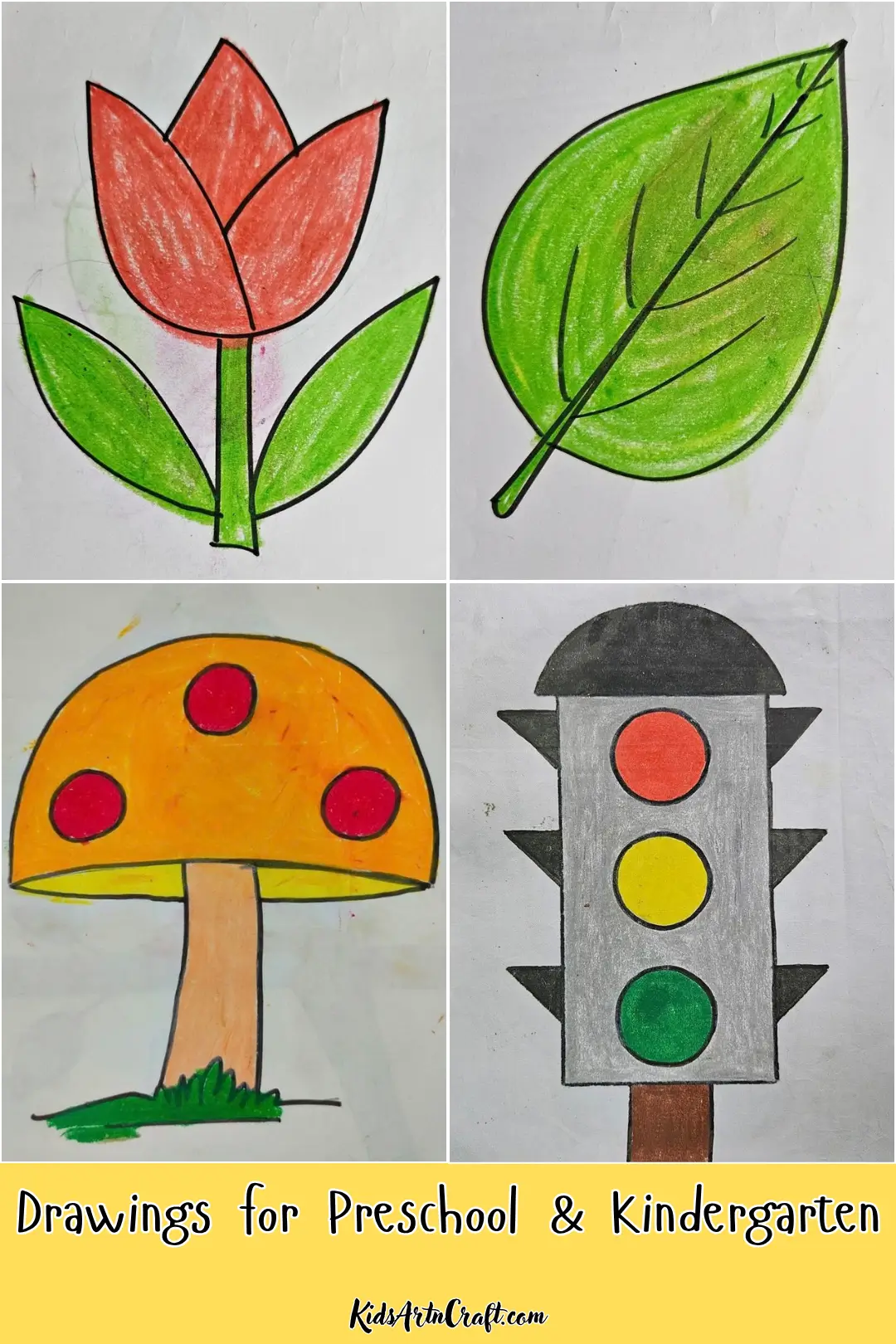 Simple drawing ideas for preschool and kindergarten featuring a lotus flower, leaf, mushroom, and traffic light.