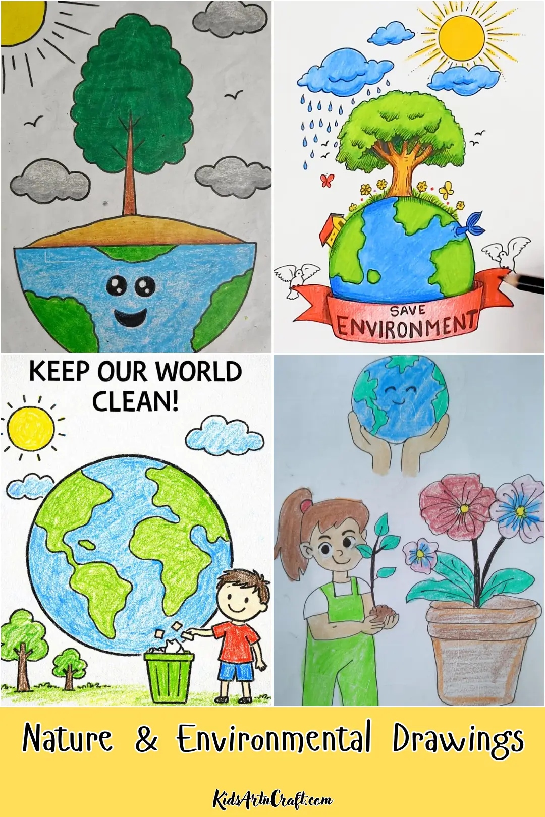 Nature and environmental drawing ideas featuring Earth, trees, planting flowers, and creative Save the Environment artwork.